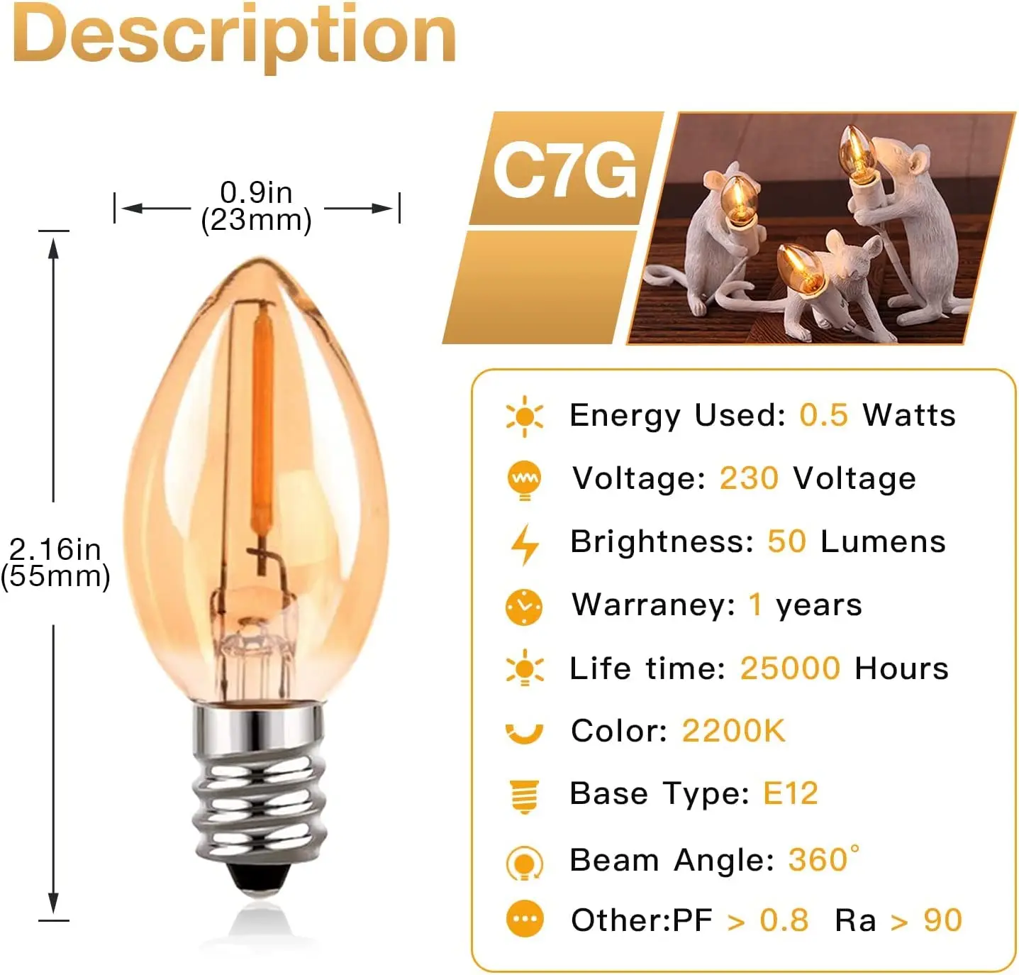 6 Stück C7-Ersatz-LED-Glühbirnen, 0,5 W, entspricht 5 W, Kandelaber-Glühbirne, E14, E12, 2200 K, warmweiß, Lichterketten für den Außenbereich