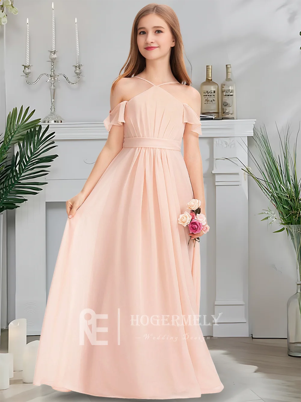 B キッズ ホルター ジュニア ブライズメイド ドレス ブラッシュ フラワー ガール ドレス フロアレングス シフォン カスケード リボン付き 聖体拝領パーティー