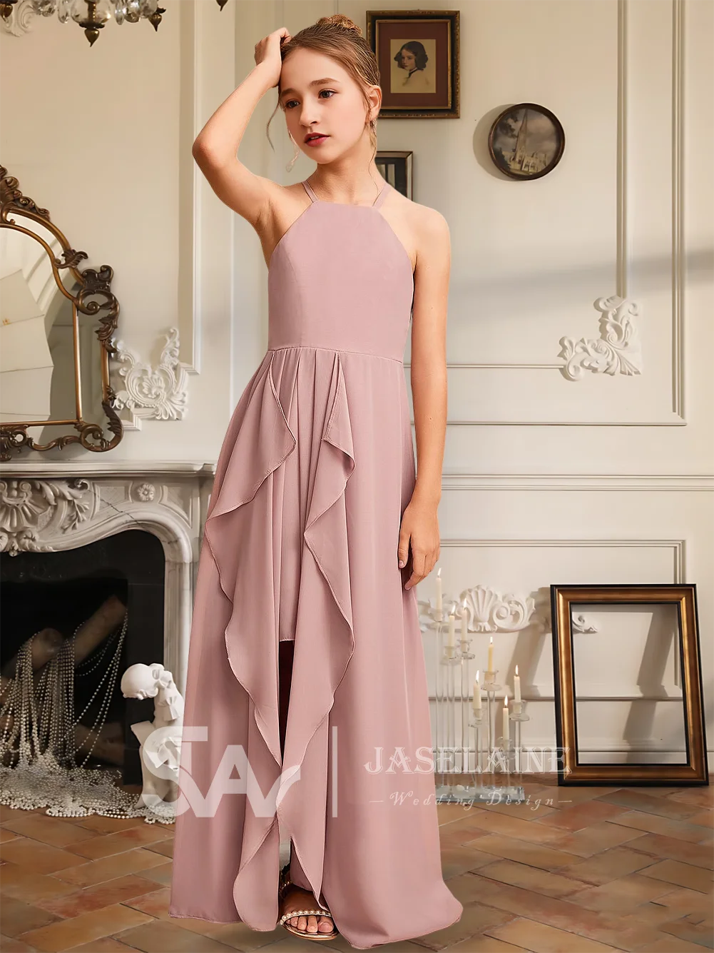 

A Elegant A-Line Halter Floor-Length Chiffon Junior Bridesmaid Dress Flower Girl Dress With Leg Slit Girls Party Wedding Formal