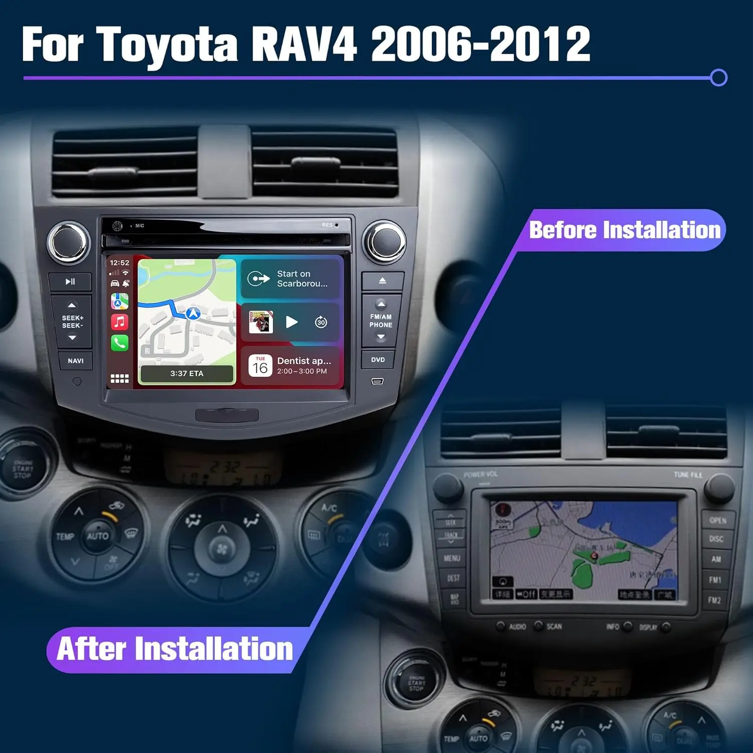 7 Inch Android Car Stereo for Toyota RAV4 2006-2012, Wireless Apple CarPlay & Android Auto, GPS Navigation Head Unit, Bluetooth, FM Radio, SWC, Backup Camera Support, 4GB RAM 64GB ROM