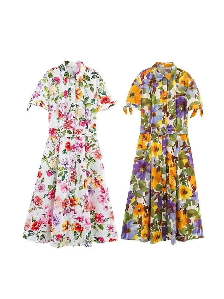 2025 Vrouwen Zomer Shirts Jurk Vintage Print Bloemen Korte Mouw Poplin Vrouwelijke Elegante Straat Jurken Kleding - afbeelding 2