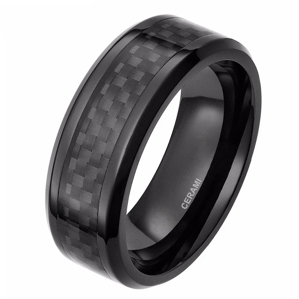 TIGRADE 6/8mm męskie czarne pierścienie z włókna węglowego wkładka pierścień ceramiczny Wedding Band biżuteria męska palec zespół anillo hombre — zdjęcie 2