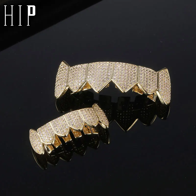 Hip Hop Full Heavy Iced Out Stones CZ Teeth Grillz Caps Cubic Zircon Micro Pave Top&Bottom Charm Grills For Men Women Jewelry