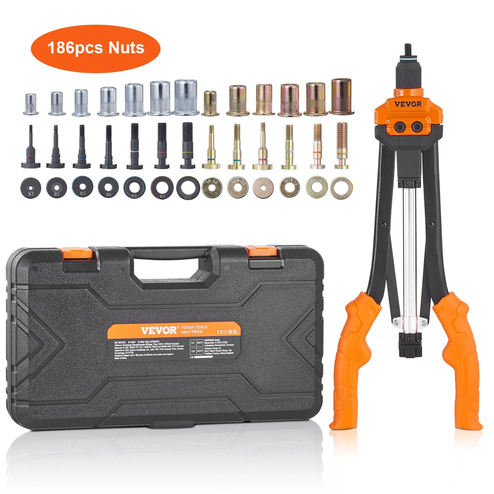 VEVOR Kit outil à écrous riveter 40,6cm : 13 mandrins M3-M12 & SAE, 186 écrous, rétroaction semi-auto