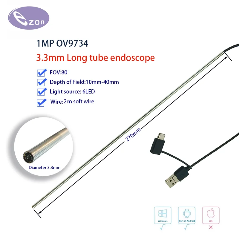 

1MP diameter 3.3mm long tube FOV80︒ endoscope 2m soft wire macro industrial pipeline inspection