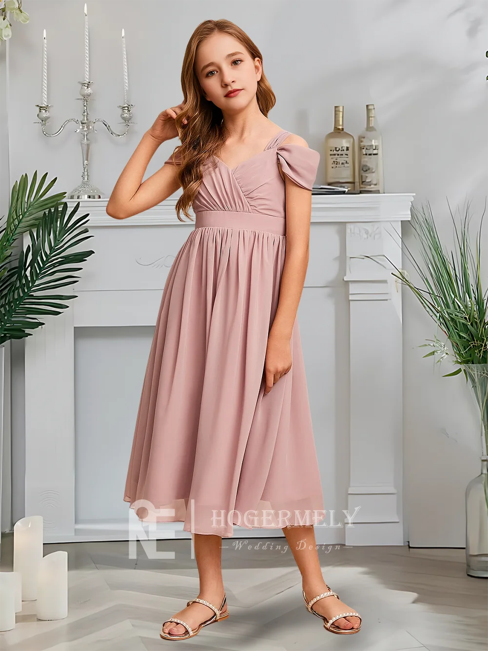 Роскошное платье трапециевидной формы для подружек невесты, платье цвета лаванды для девочек-цветочниц, шифоновое платье с открытыми плечами и каскадными оборками, длиной до чая