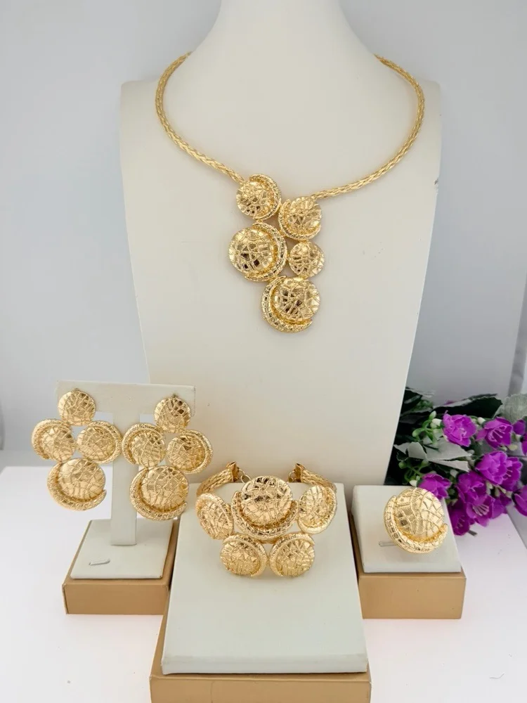 Yulaili Dubai Gold Plated Jewelry Set for Women African Italian Hollow Round Geometric 4 pcs Jewelry Wedding Party Decor X00170