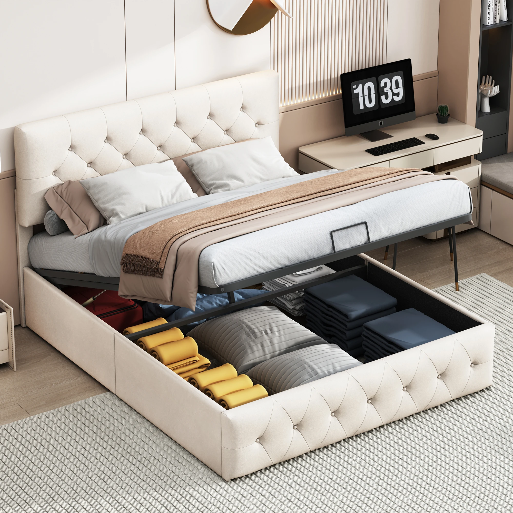 Superaly Lit double rembourré 140x200cm, lit de rangement hydraulique, lit pour adulte, tête de lit réglable, velours beige épaissi, adapté à la chambre à coucher