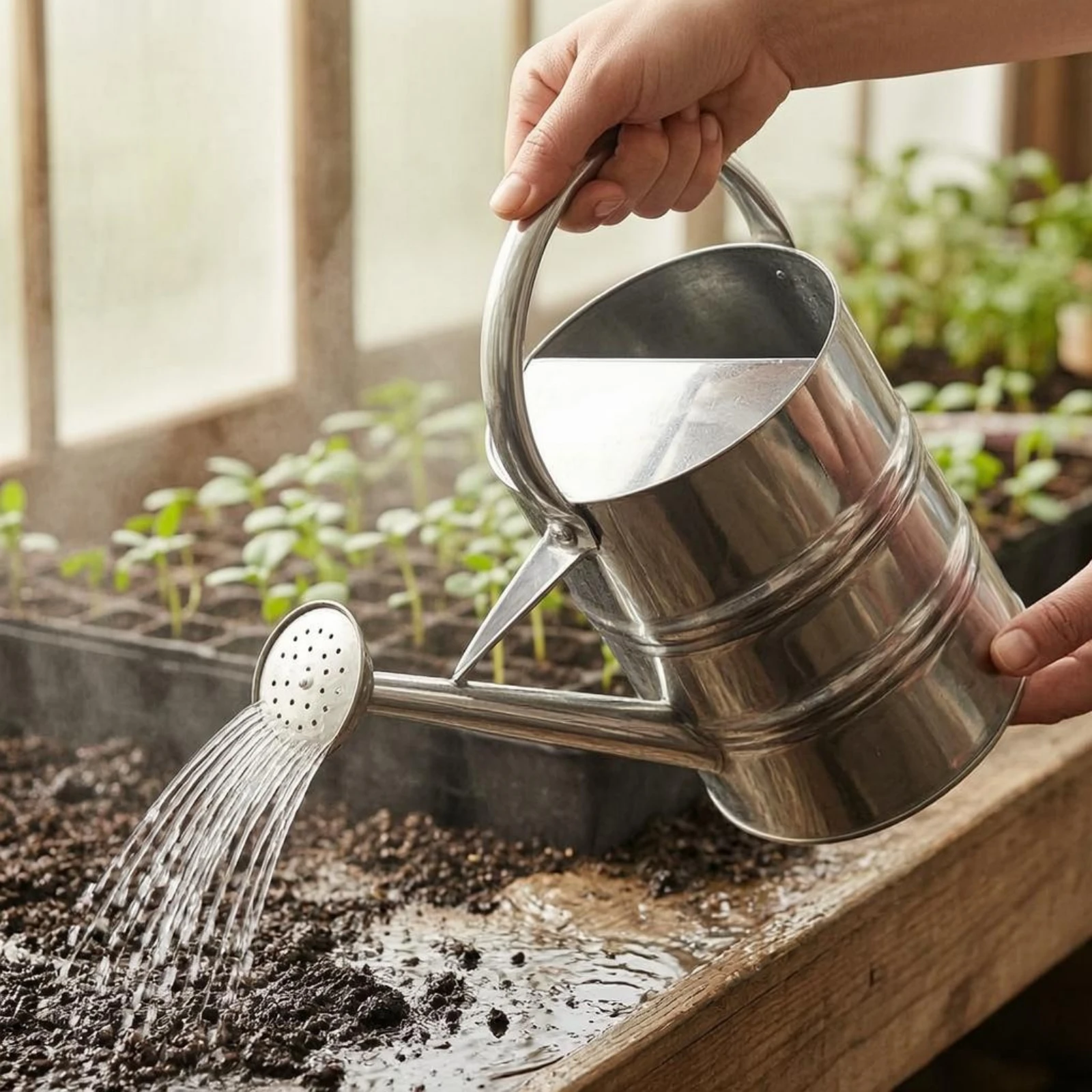 Annaffiatoio in Acciaio Inox con Beccuccio Lungo e Manico, Strumento per Innaffiare Piante per Casa, Giardino, Patio e Balcone