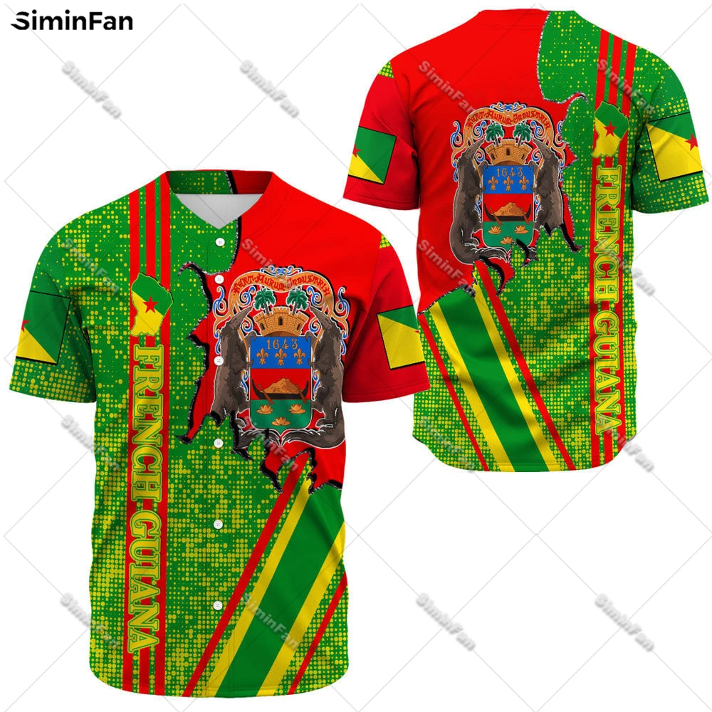 French Guiana Coat Of Arms Mens Baseball Jersey Short Sleeve Shirts 3D Print Male Summer Collarless Tee Unisex Sporty Tshirt Top