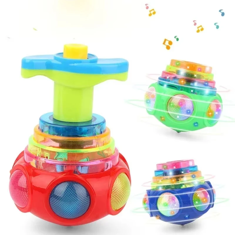 UFO Flashing Spinning Top Kids Gyro Light Up Toy Kids Piggy LED Music Gyroscope Launcher Rotating Toys Fun Birthday Party Favors