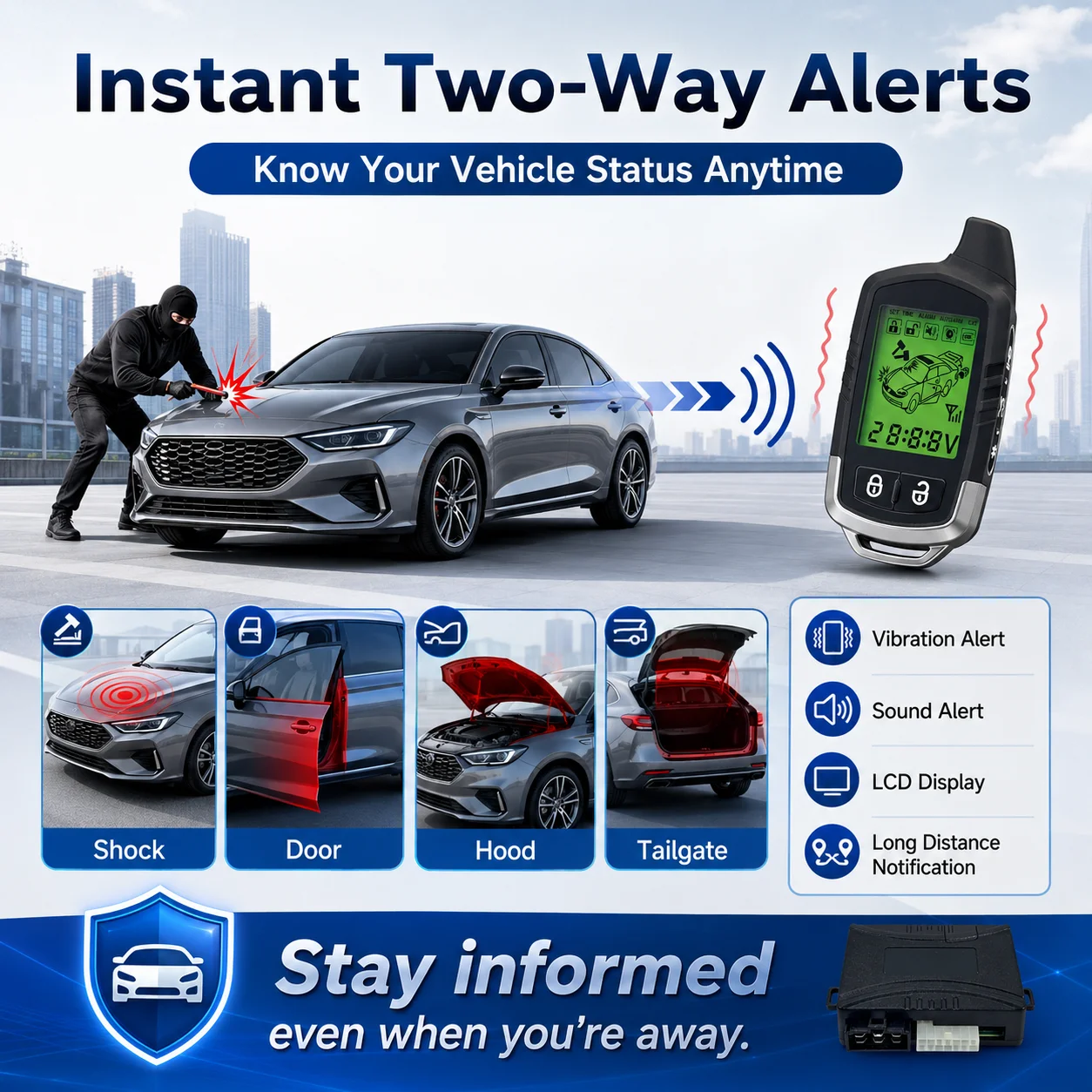 Universal 12V Car Two Way LCD Alarm System Remote Start Anti Theft Security Shock Sensor Silent Mode