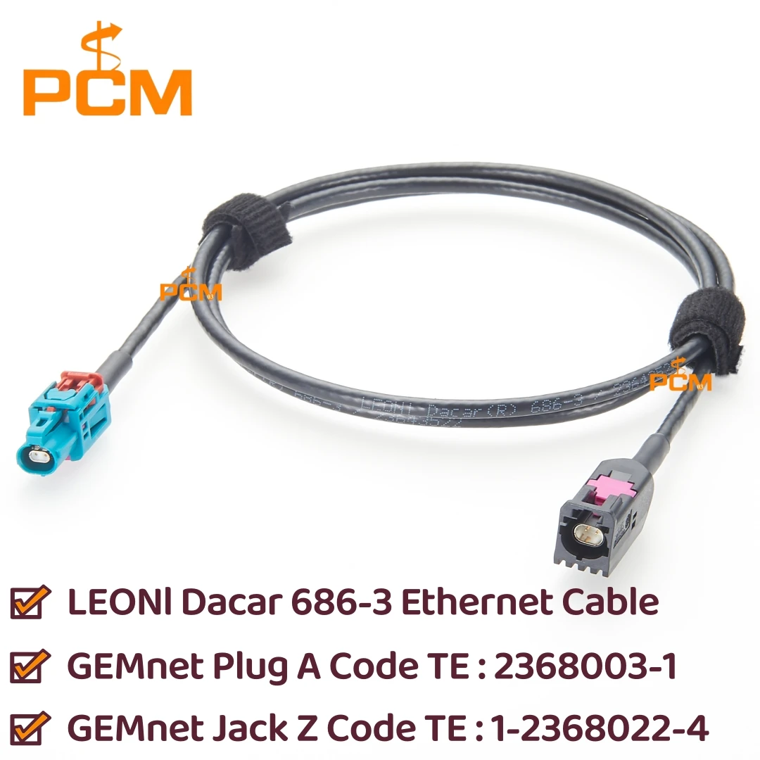 

Кабель Ethernet для автомобилей GEMnet: разъем GEMnet Jack (гнездо, код Z, 1-2368022-4) на разъем GEMnet Plug (штекер, код A, 2368003-1), коннектор LEONI Dacar 686-3