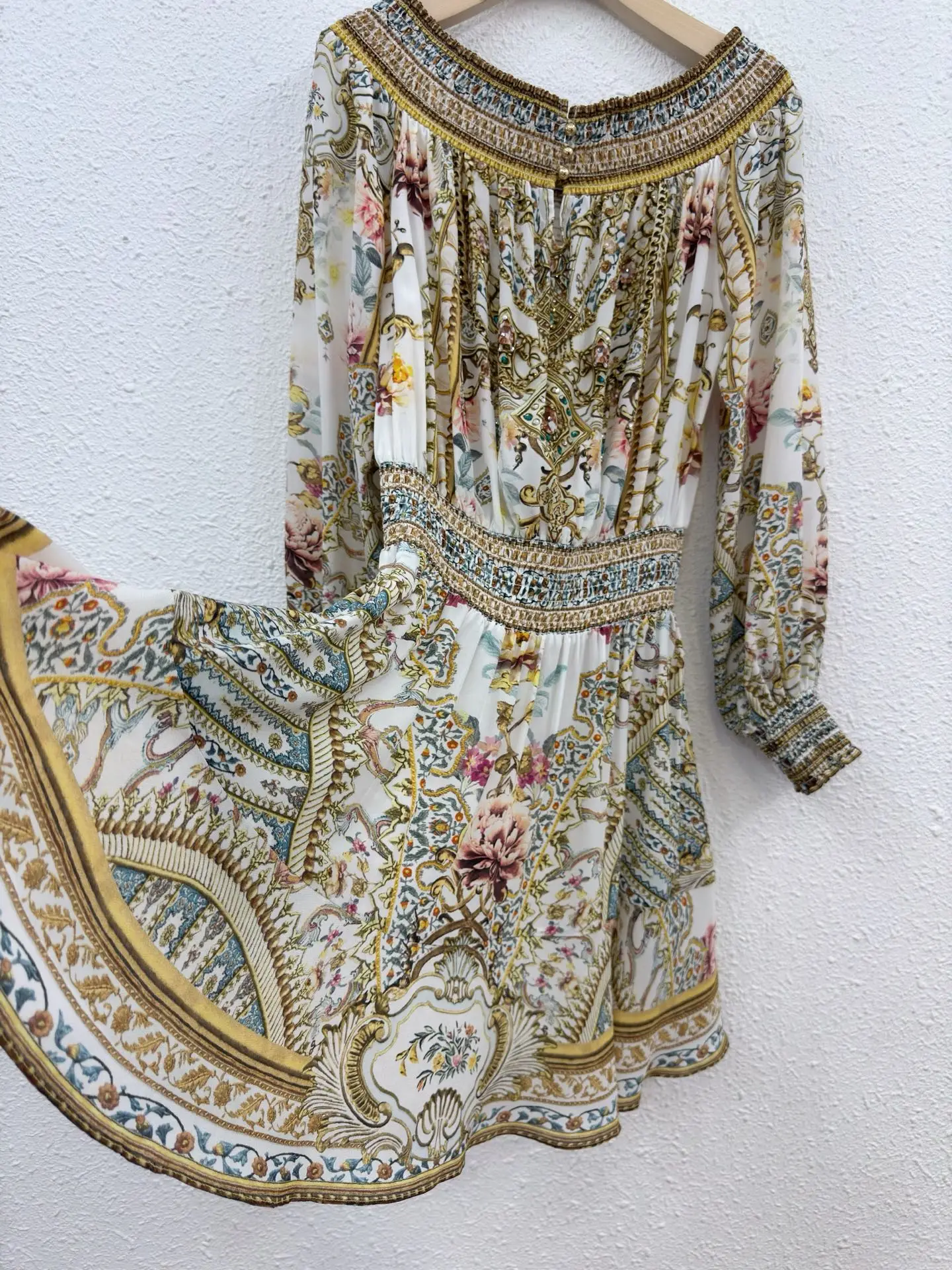 

100% Real Silk Women New Slash Neck Long Sleeve Printing Mini Dress Bohemian Vintage High Quality Spring Summer Chic Elegant