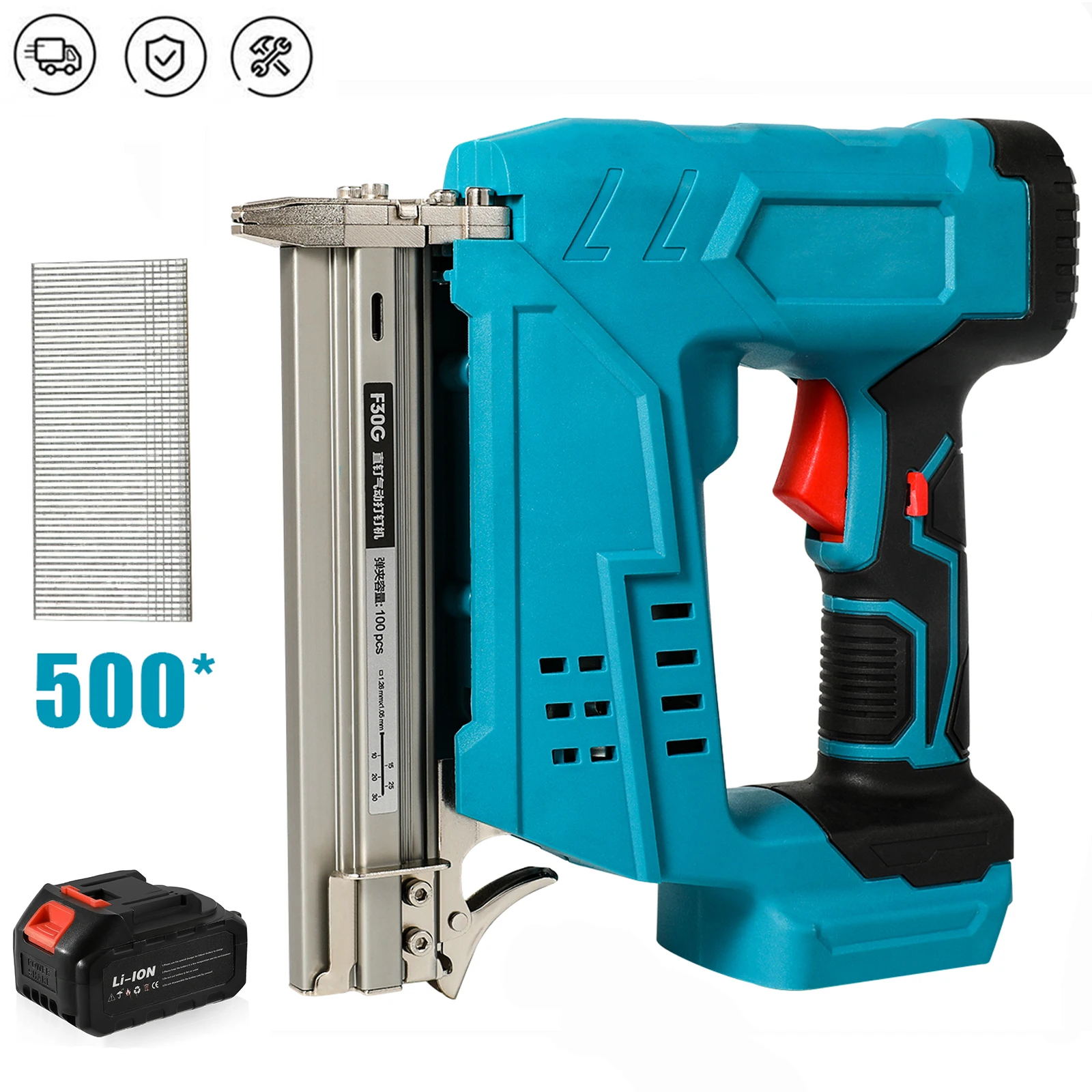 Pistolet à ongles électrique sans fil F30, pistolet pneumatique pour meubles, agrafeuse à cadre en bois, outil pneumatique, outils électriques avec agrafes 500 pièces