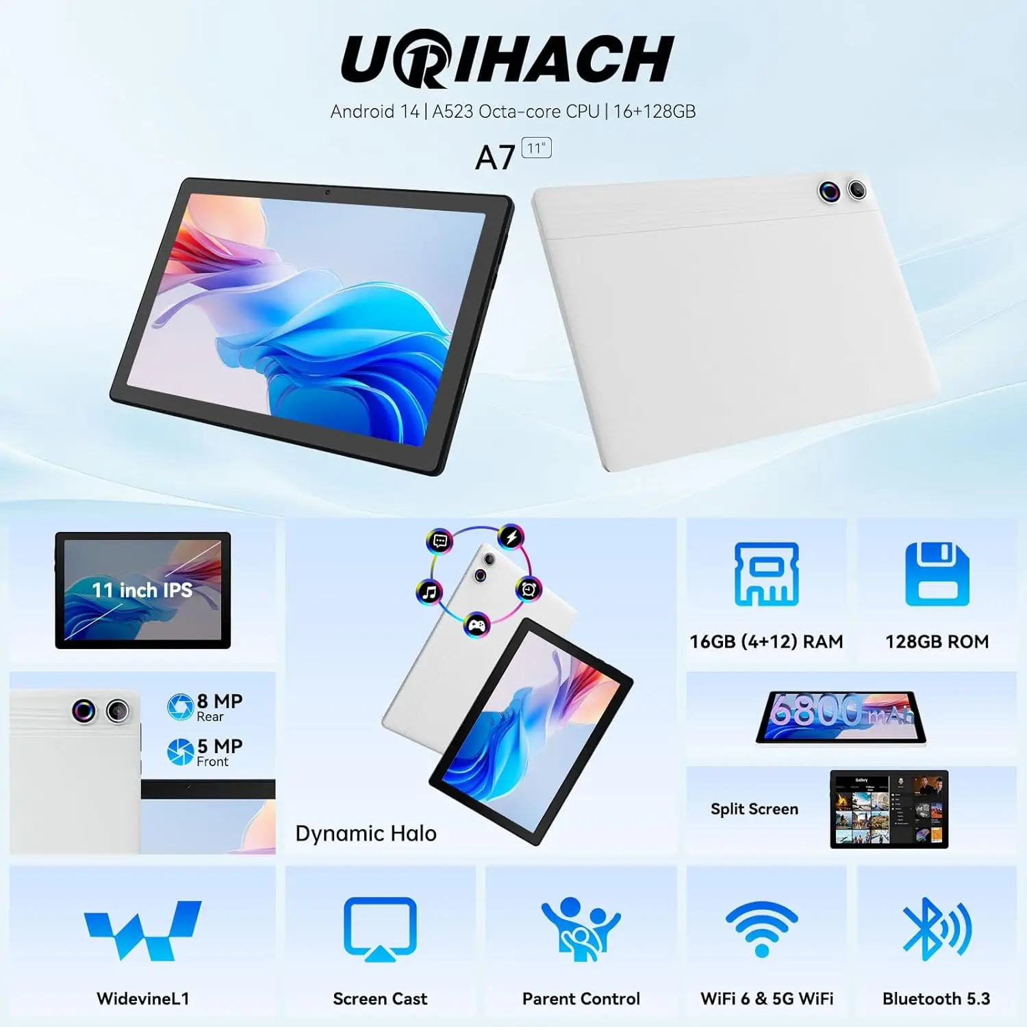 AEEZO A7 10.1 pollici Android 14 Tablet 16GB RAM 128GB ROM processore Octa-Core 6800mAh Berrty Widevine L1 WiFi6 Tablet Dual Camera