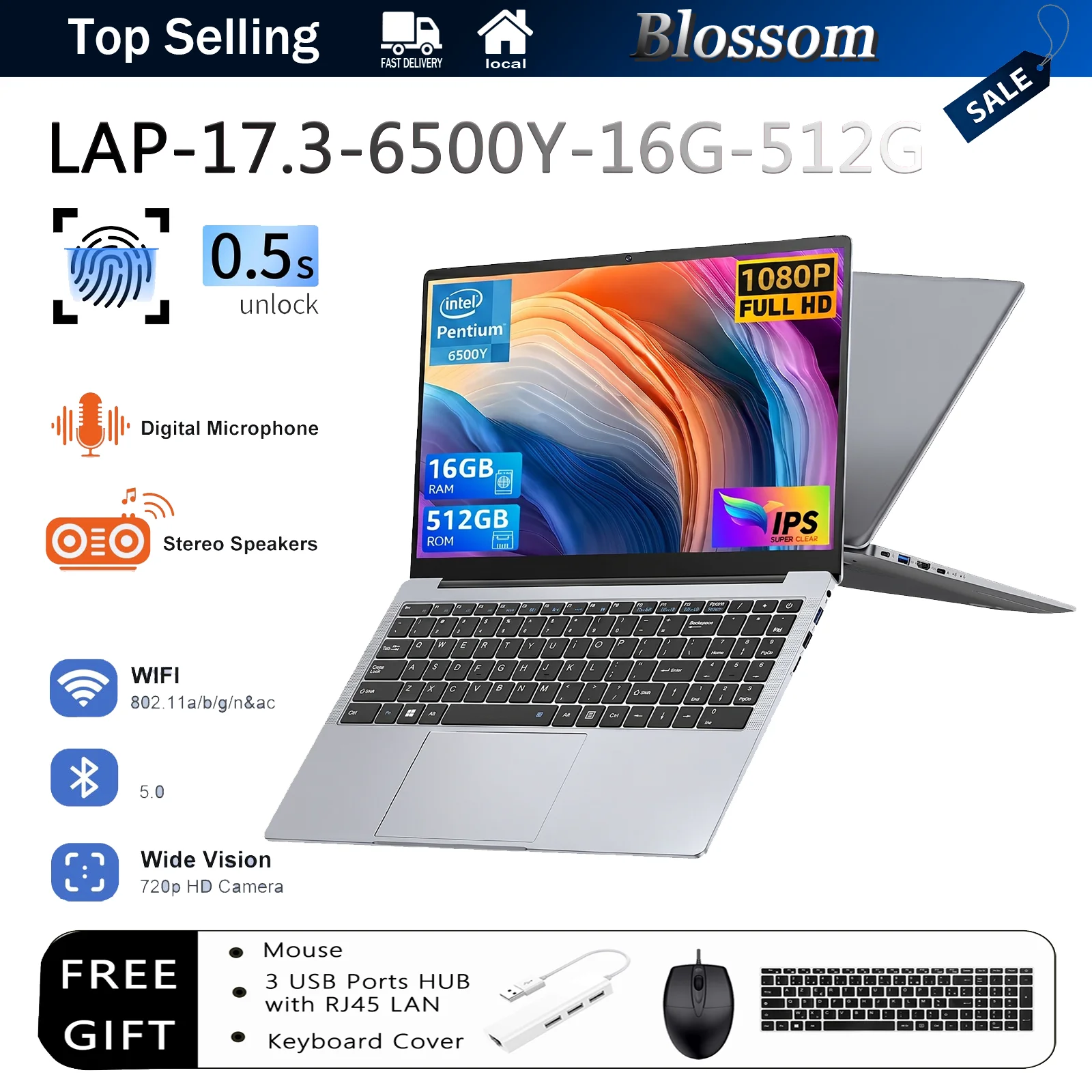Portátil ultradelgado Blossom de 17,3 pulgadas, procesador 6500Y, 16GB de RAM y SSD de 512GB, ordenador portátil de pantalla amplia perfecto para oficina, estudio, teletrabajo y entretenimiento diario
