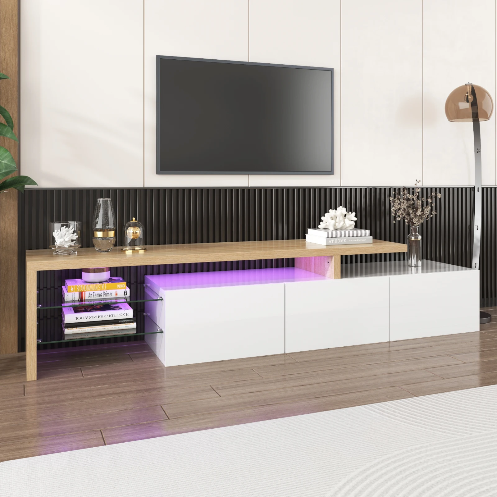 Rosahqnda Design d'armoire TV moderne : élégance élégante, rangement pratique, blanc brillant, optique en bois, sols en verre, éclairage LED