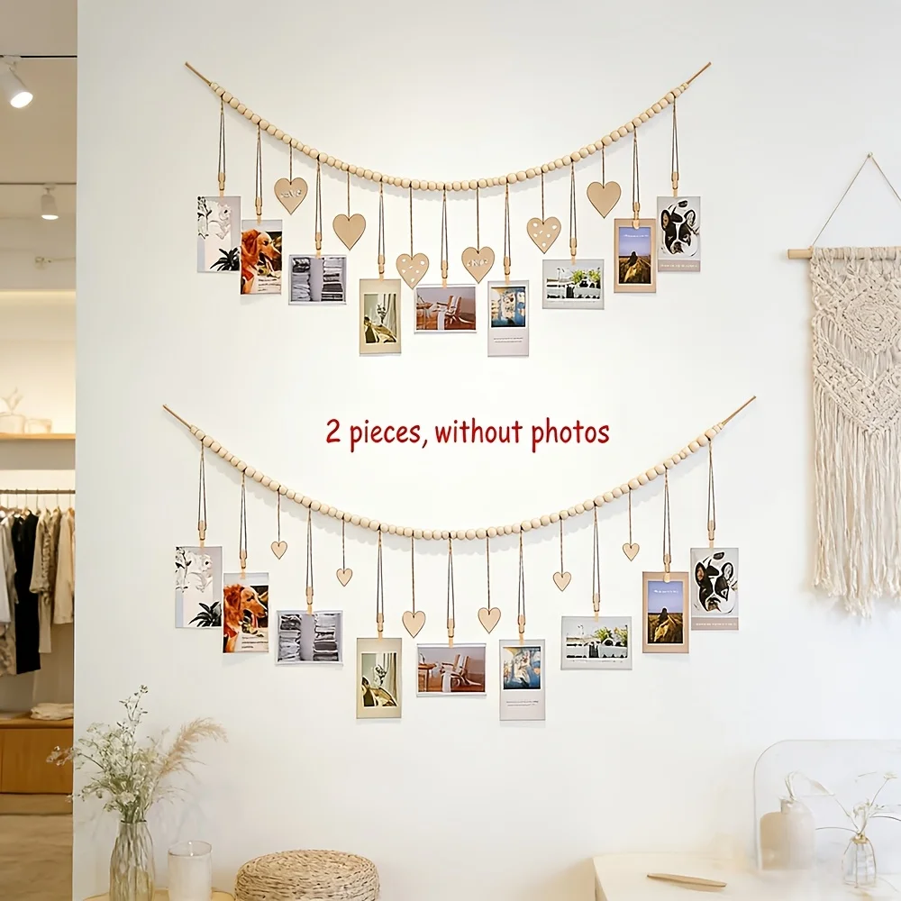 2PCS Bohemian Beaded Photo Display with Clip Picture Storage Wooden Bead Heart Garland Log Living Room Home Decoration Wall