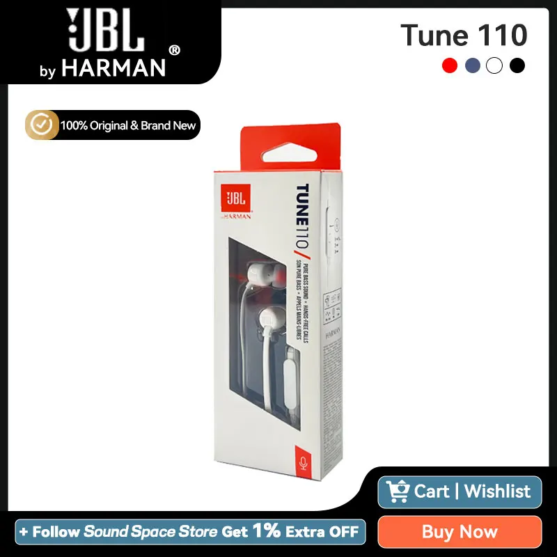 Оригинальные проводные наушники-вкладыши JBL TUNE 110 T110 с разъемом 3,5 мм и пультом управления одной кнопкой, наушники со встроенным микрофоном