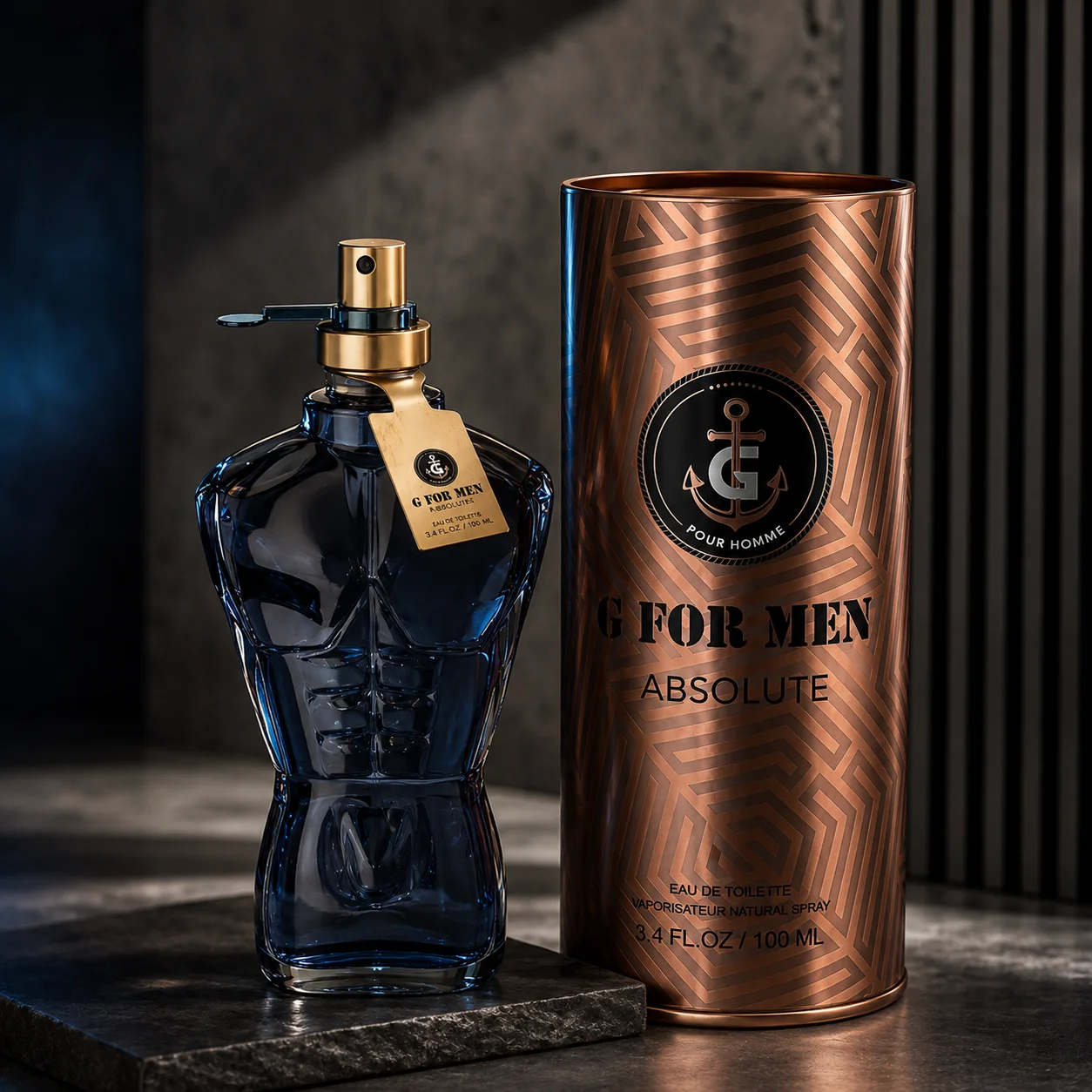 G for Men Absolute 100ml - Montage Brands. Eau de Toilette pour Homme, Parfum Intense Aromatique Boisé avec des notes de Menthe Fraîche, Lavande, Cumin, Cannelle, Mousse de Chêne et une Base Sophistiquée d'Ambre.