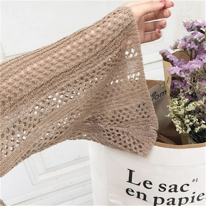 Women Long Sleeve Beach Knit Dress Female Cardigan Sexy Hollow Out Crochet Swimsuit Bikini Cover up Sarong