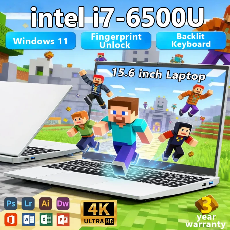Portátil Ultra Delgado Intel Core I7 6500U Windows 11 Pro 15.6 Pulgadas 16GB RAM 2TB SSD PC para Juegos, Oficina y Estudio 1920*1080 HD 4K