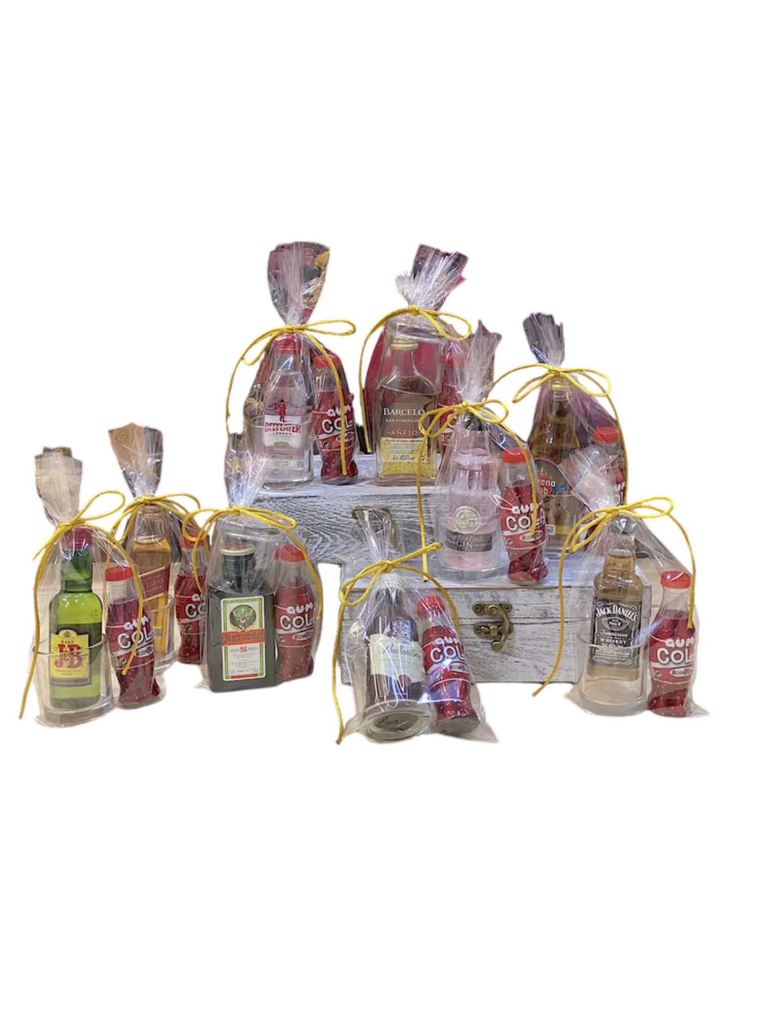 Lote de 10/15 miniaturas de bebidas con chupito de cristal y botella de chicles o caramelos puro de chocolate para detalles de invitados de boda comuniones bautizos aniversarios