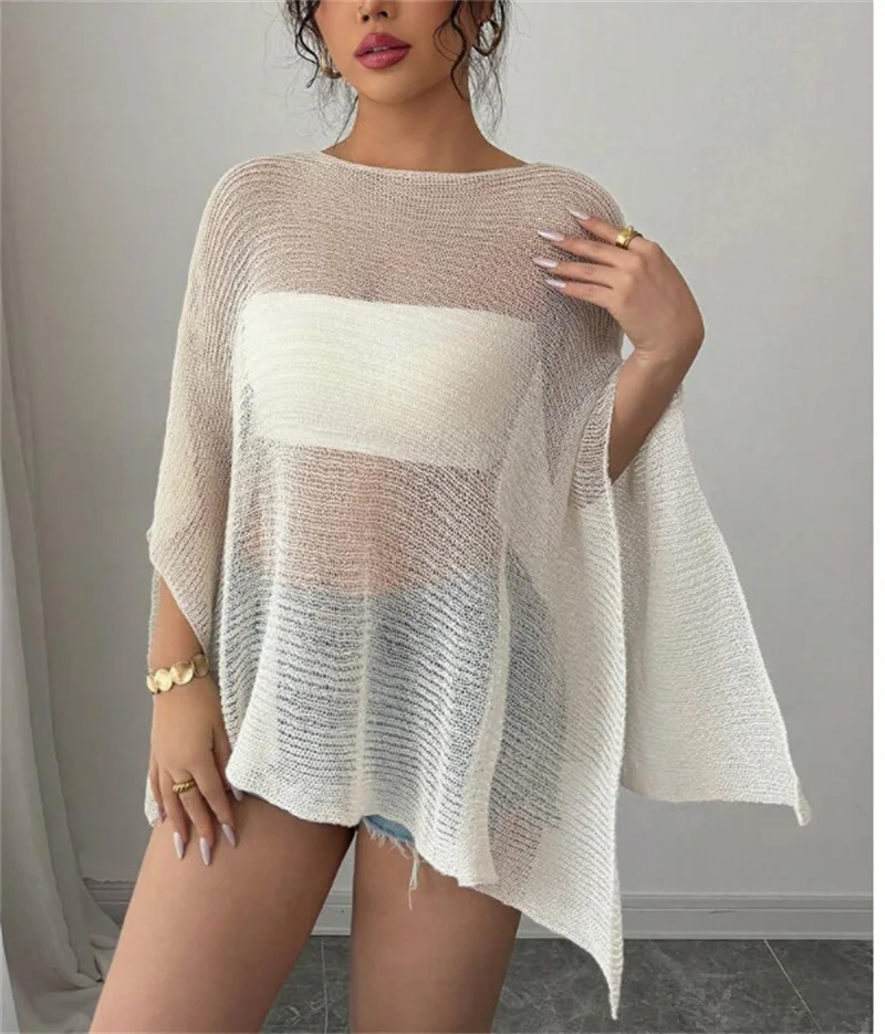 

Women's Sexy Slash Neck Knit Top Blouse Crocheted Swimwear Boho Beach Bikini Cover-Up Swimsuit Casual Sunscreen Shawl Cape