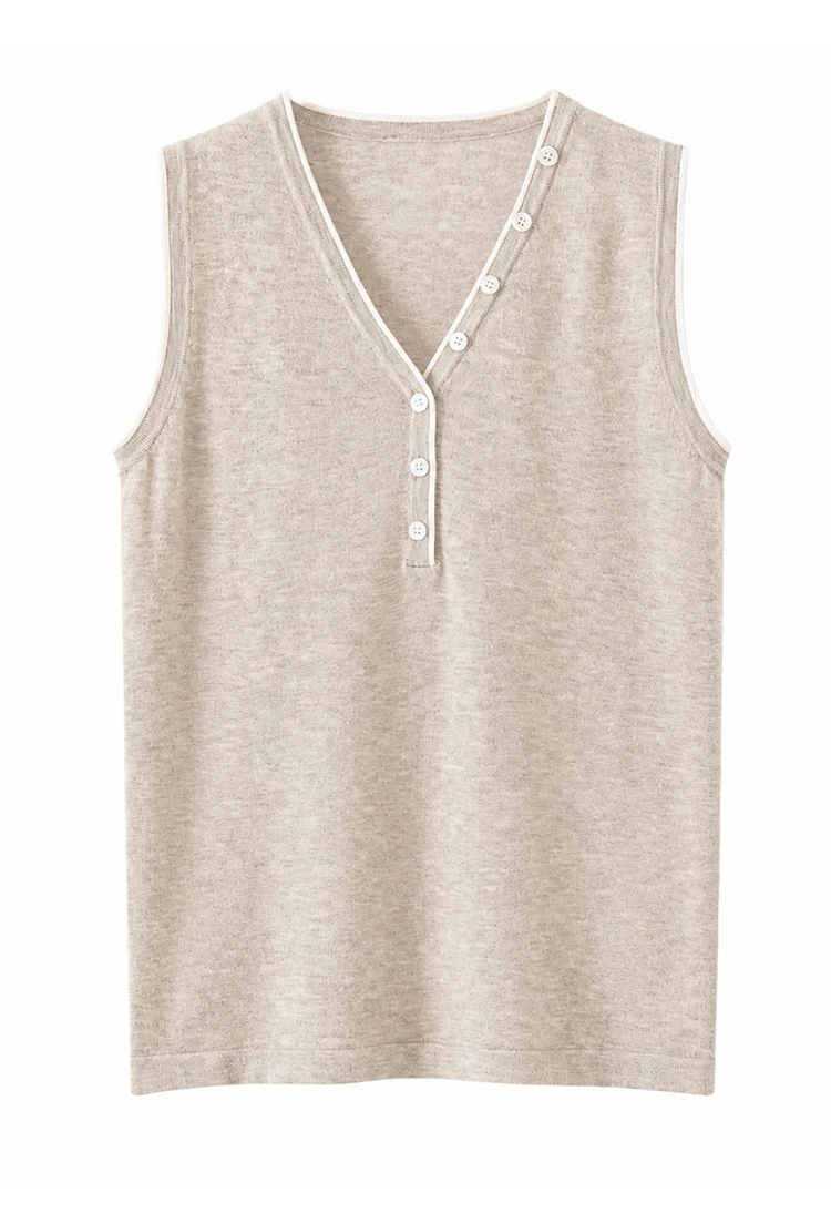 ML62129 Damen Vintage V-Ausschnitt Ärmellose Strickweste mit Kontrastbesatz und Knopfleiste aus Modal-Mischgewebe, Sommerliches Casual-Oberteil – Detail 10