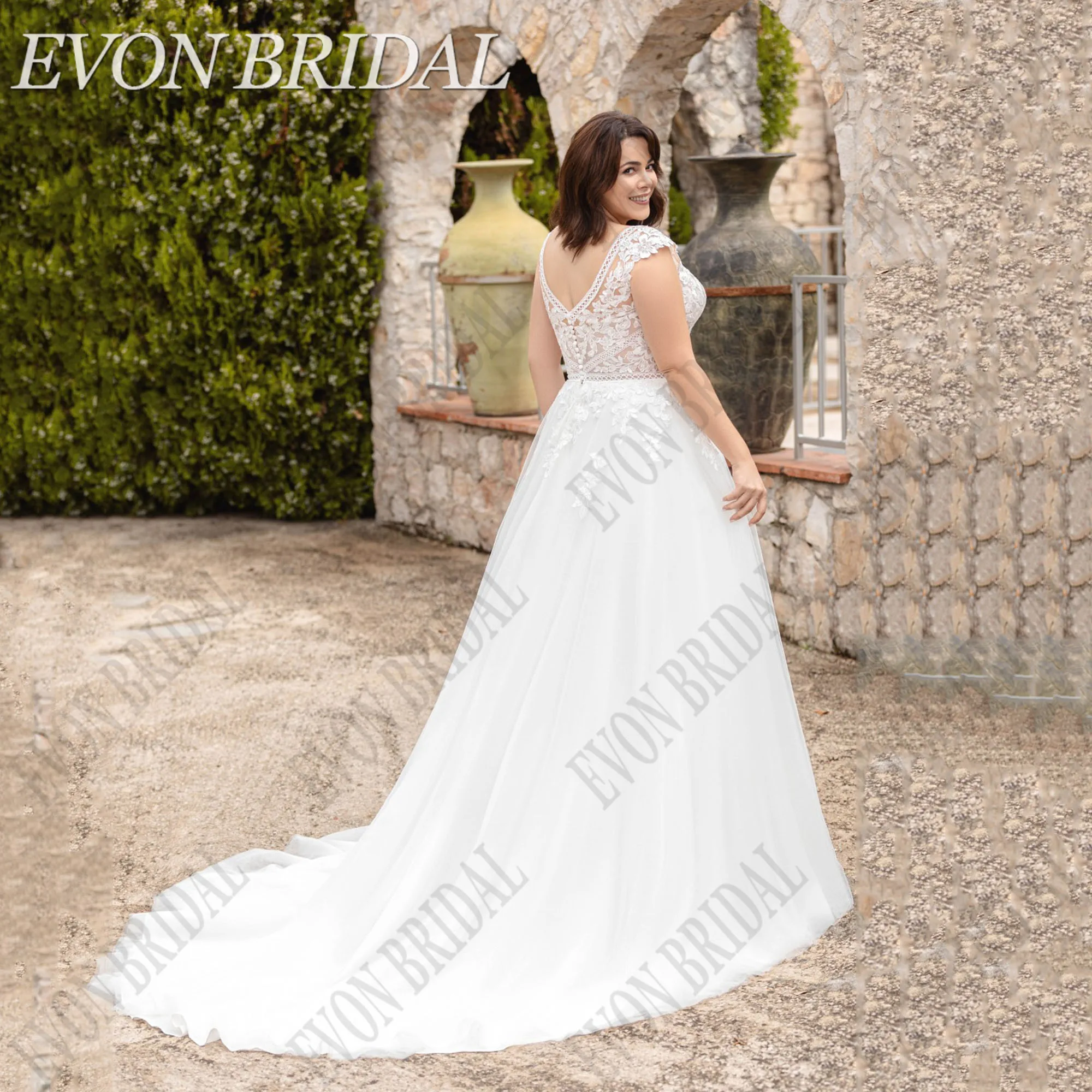 

EVON BRIDAL Elegant V-Neck WeddingDress Cap Sleeve A-Line 2025 New Tulle Customized Lace Vestidos De Novia Applique Bride Gown