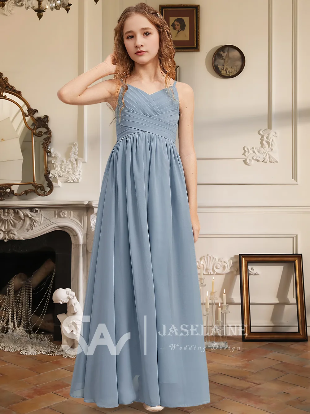 A-Line V-Neck Floor-Length Chiffon Junior Bridesmaid Dress Flower Girl Dress Spaghetti Straps Pleated Girls Party Formal Wedding
