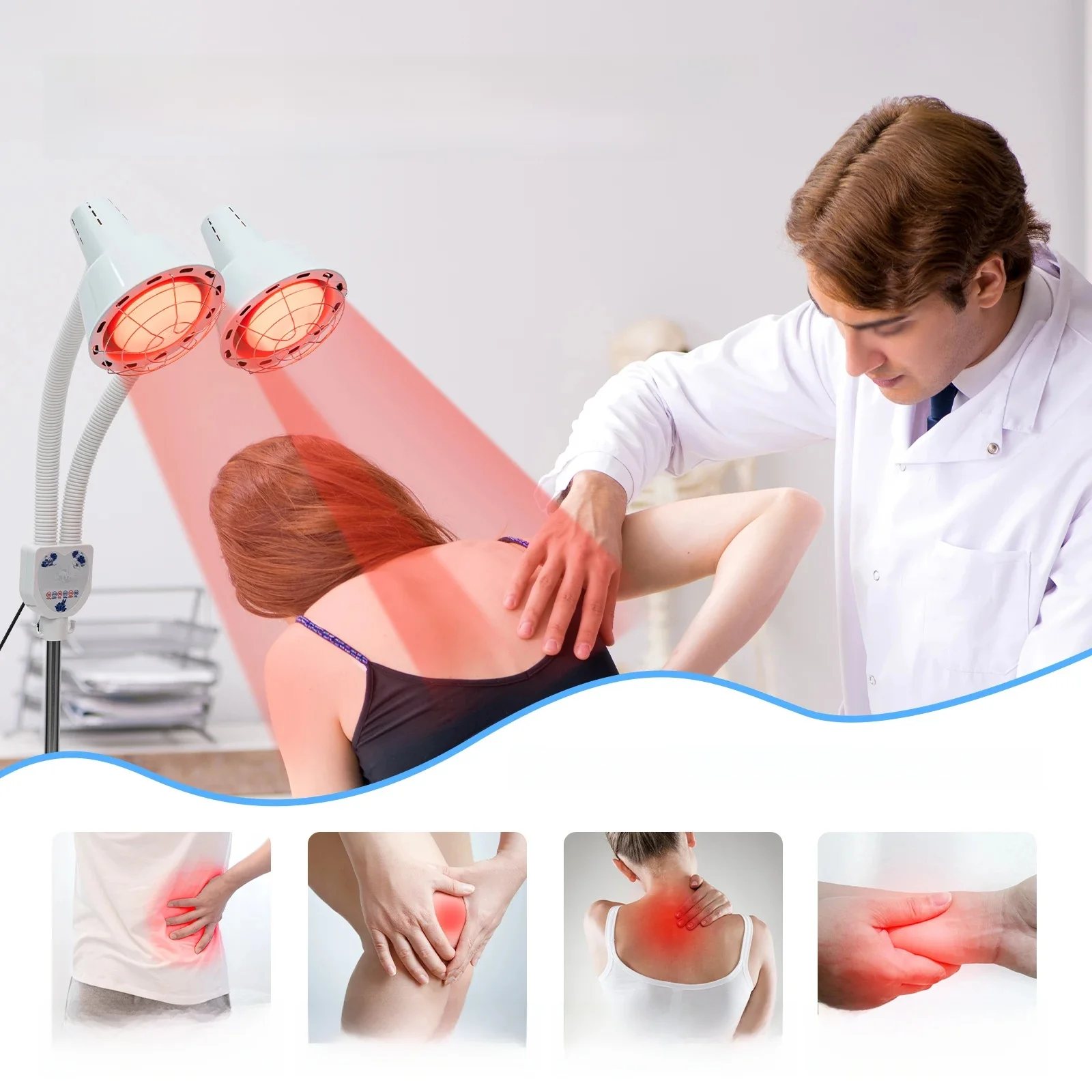 Lampe chauffante infrarouge à deux têtes 275W, lumière de minuterie de beauté réglable, 360 ° Lampes chauffantes rotatives pour soins de santé