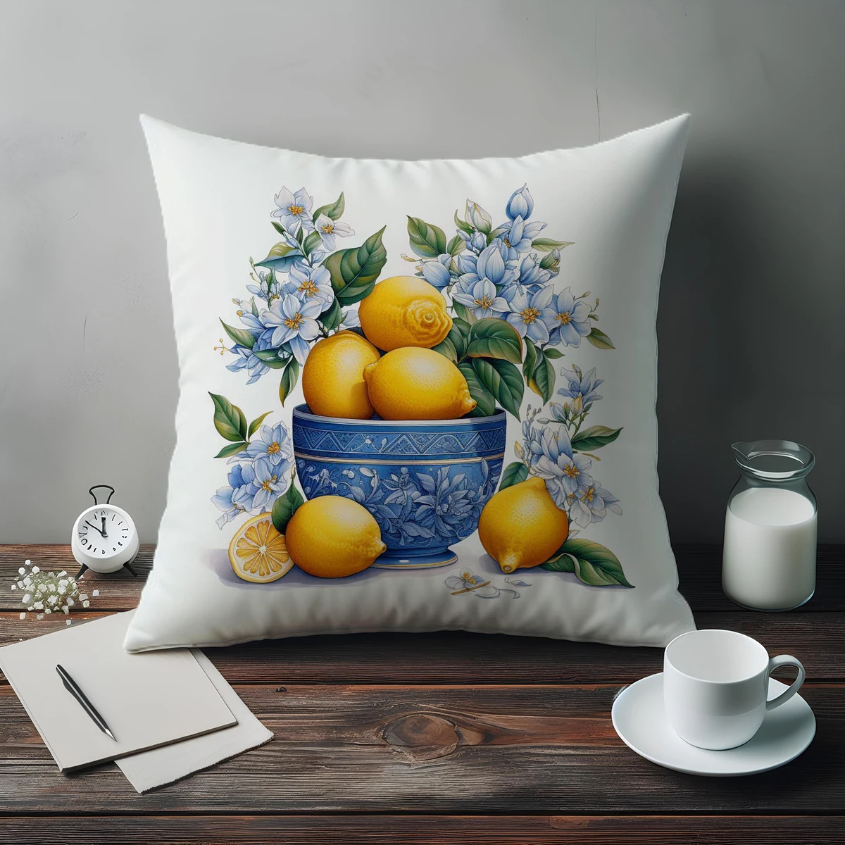 Yellow Lemons on Blue Vase Double Side Print Pattern Cushion Cover Home Decoration Living Room Sofa Chair Pillow Cover