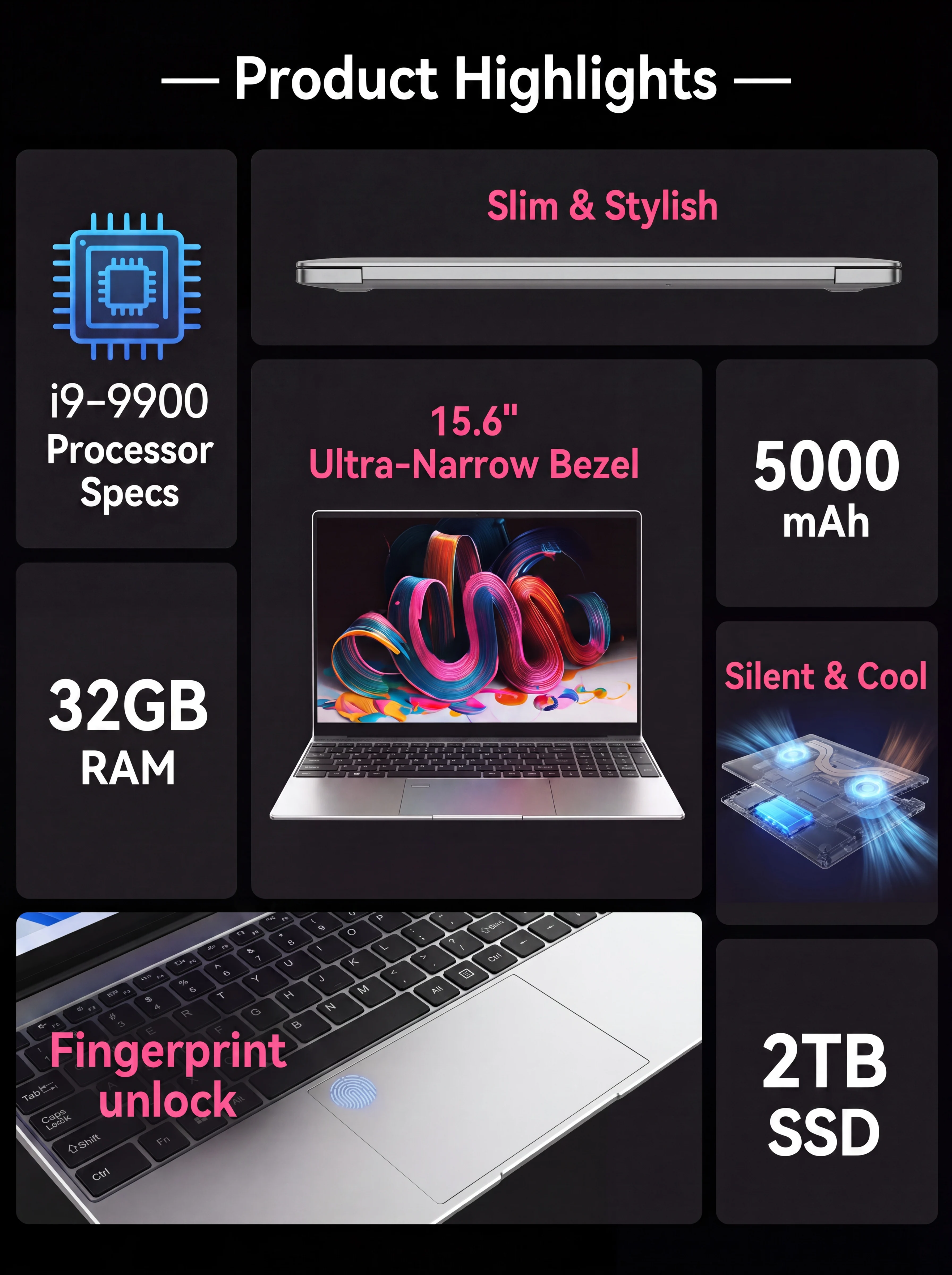 New computer portable LENO 15,6 inches, Processor Intel Core i9-9900, 32 GB RAM, 2 TB SSD, screen FHD 1920*1080, PC game ultra fine, Windows 11 Pro, computer desk portable for players