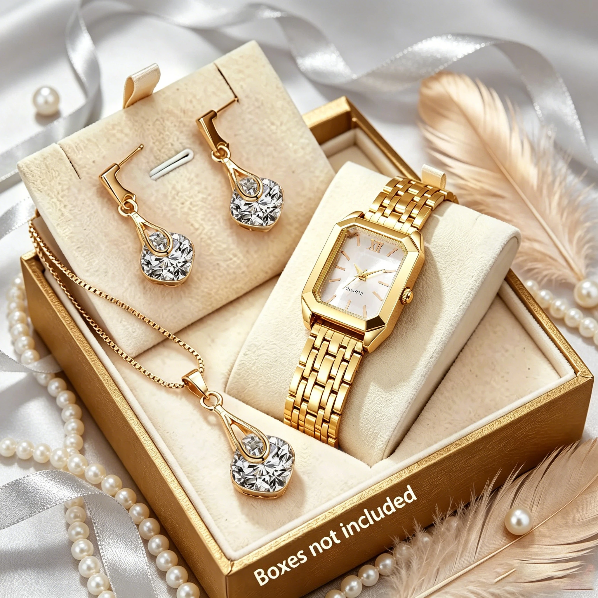 4-Piece Elegant Women's Watch Set, Featuring a Square Dial with Heart-Shaped Rhinestone Accessories, a Luxurious Everyday Valentine's Day Gift, an Ideal Choice for Gifting