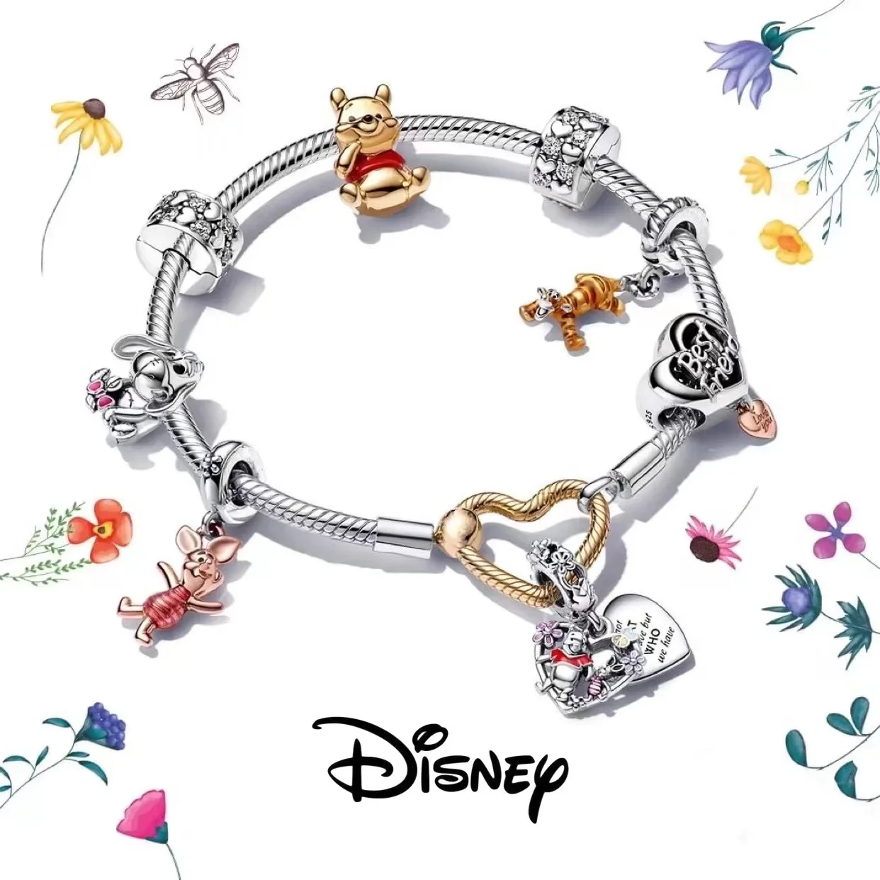 

Disney 925 Sterling Silver Bracelet Moments Sparkling Mickey Mouse Heart Clasp Snake Chain Bracelet for Women DIY Charms Beads