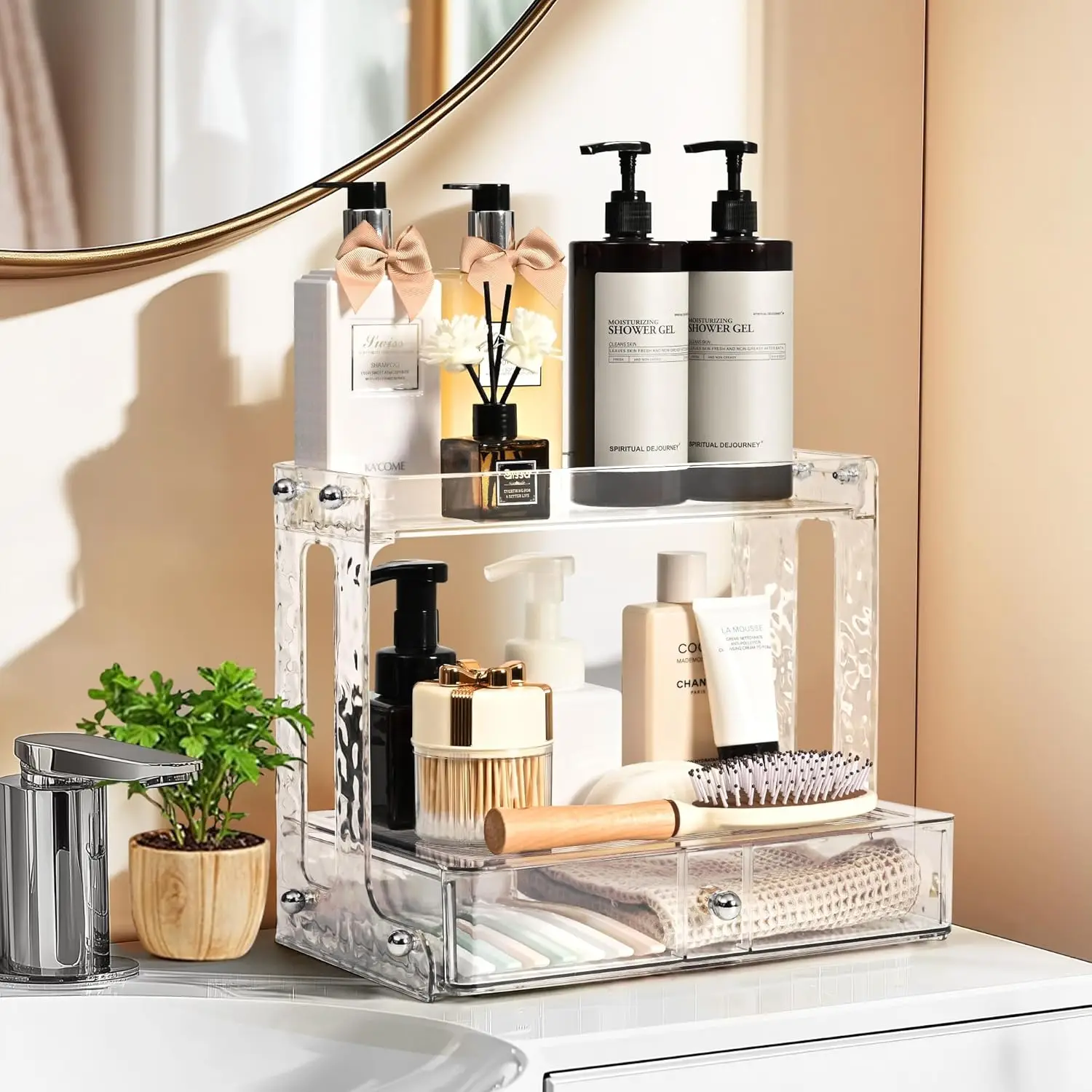 

Organizer and Storage with 2 Tiers, Clear Skincare Organizer with Drawers, 2-Tiers Multi-Purpose Organizer for Kitchen, Bedroom,