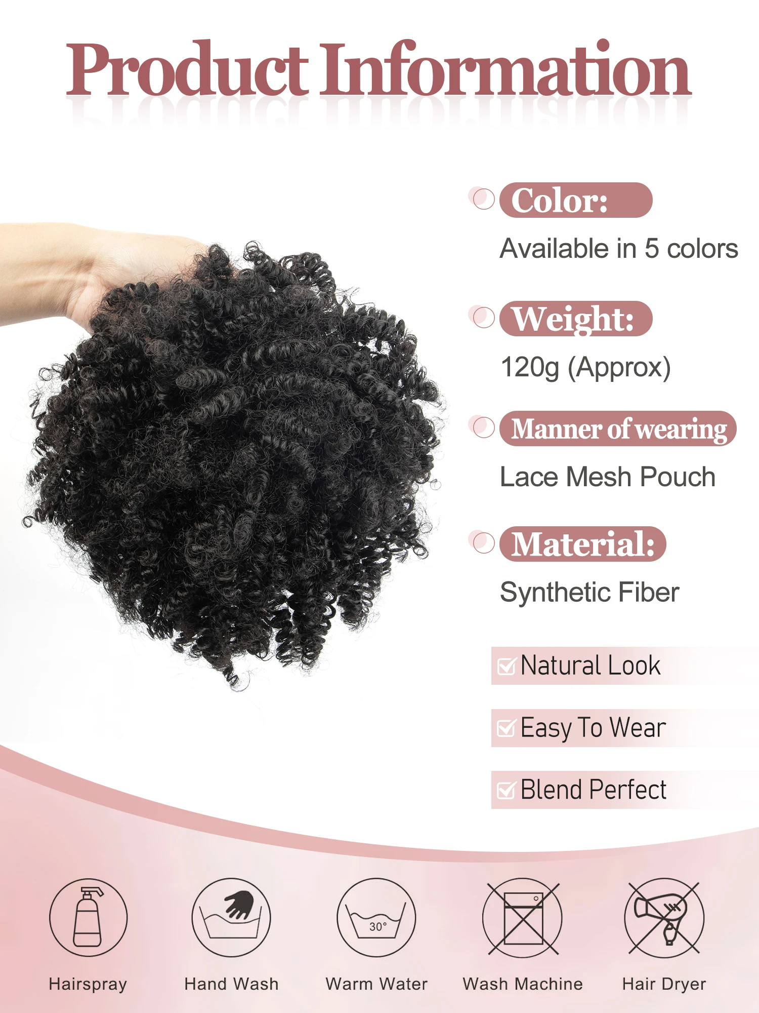 120G/Pack Women Synthetic Curly Clip-In Ponytail Afro Puff Style Messy Bun Hairpiece Multi Occasions Instant Hair Style