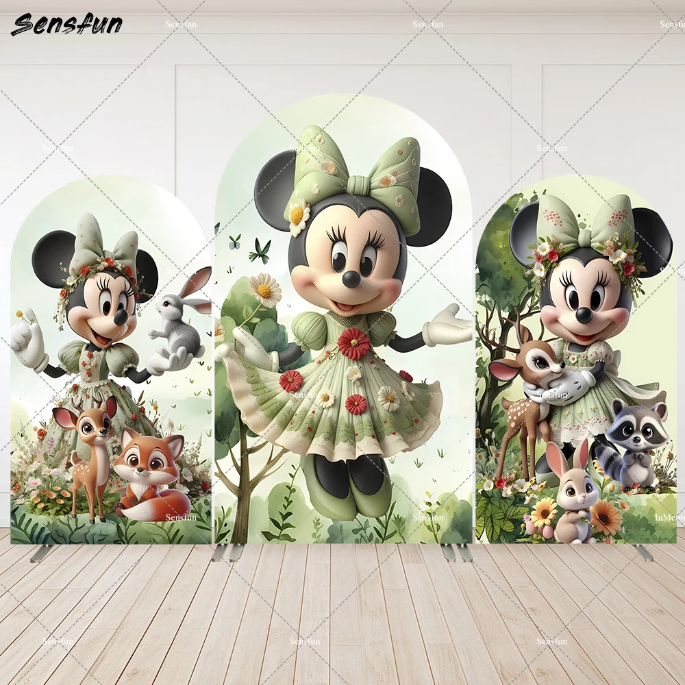 ベビーシャワー用の漫画の背景カバー,ミニーマウス,イースターパーティーのアーチ,森のジャングル,動物,鹿,キツネ,アーチの背景,両面