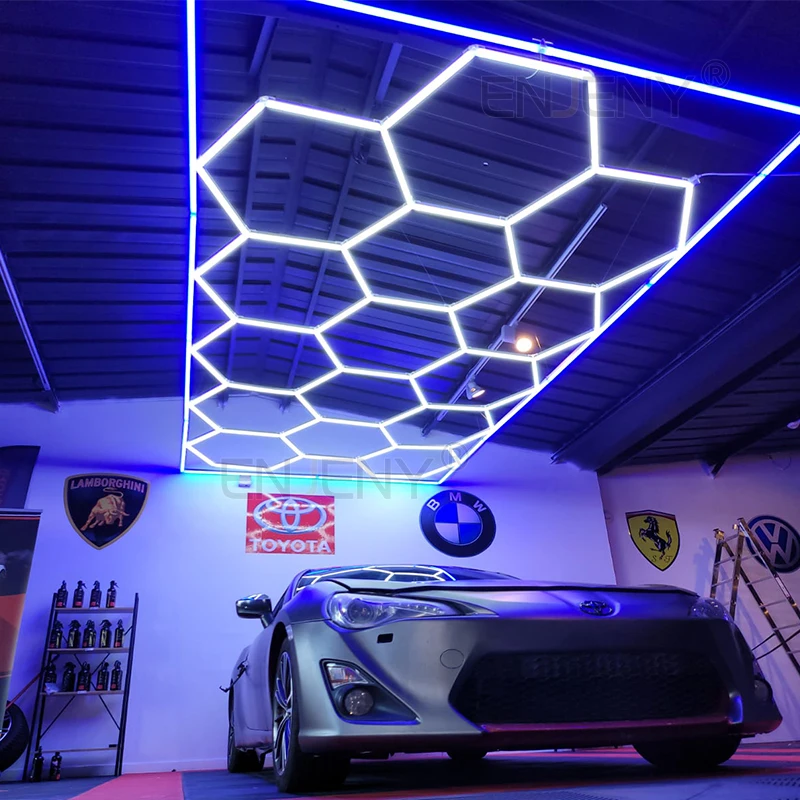 Hanging Hexagon Grid Modular Detailing Suspended 220v Led Ceiling Light Tube for Garage Shop Car Wash Beauty Auto Repair Vinyl