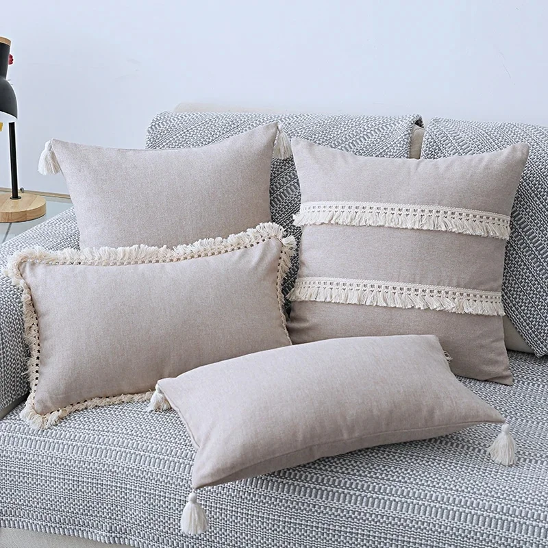 Bawełniana lniana poszewka na poduszkę 30x5 0cm/45x45cm poszewka na poduszkę beżowy szary niebieski żółty styl Boho Tassles na sofę BedHome dekoracyjne — zdjęcie 2