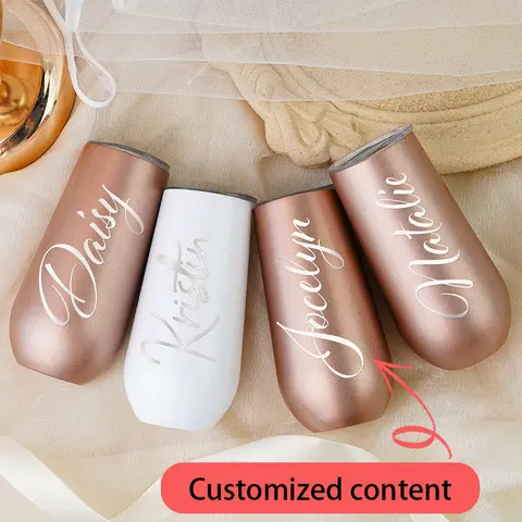 Custom Name 6oz Insulated Champagne Tumbler Engraved Stainless Steel Cup, Anniversary Birthday Unique Gift for Bridal Squad Wine
