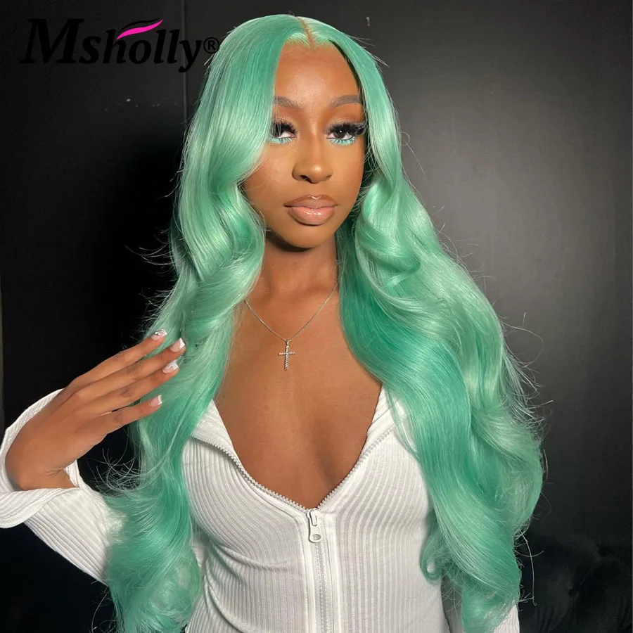 Perruque Lace Body Wave Naturelle Remy, Cheveux Humains, Vert Menthe, 13x4, Pre-Plucked, Couleur Verte, Densité 180