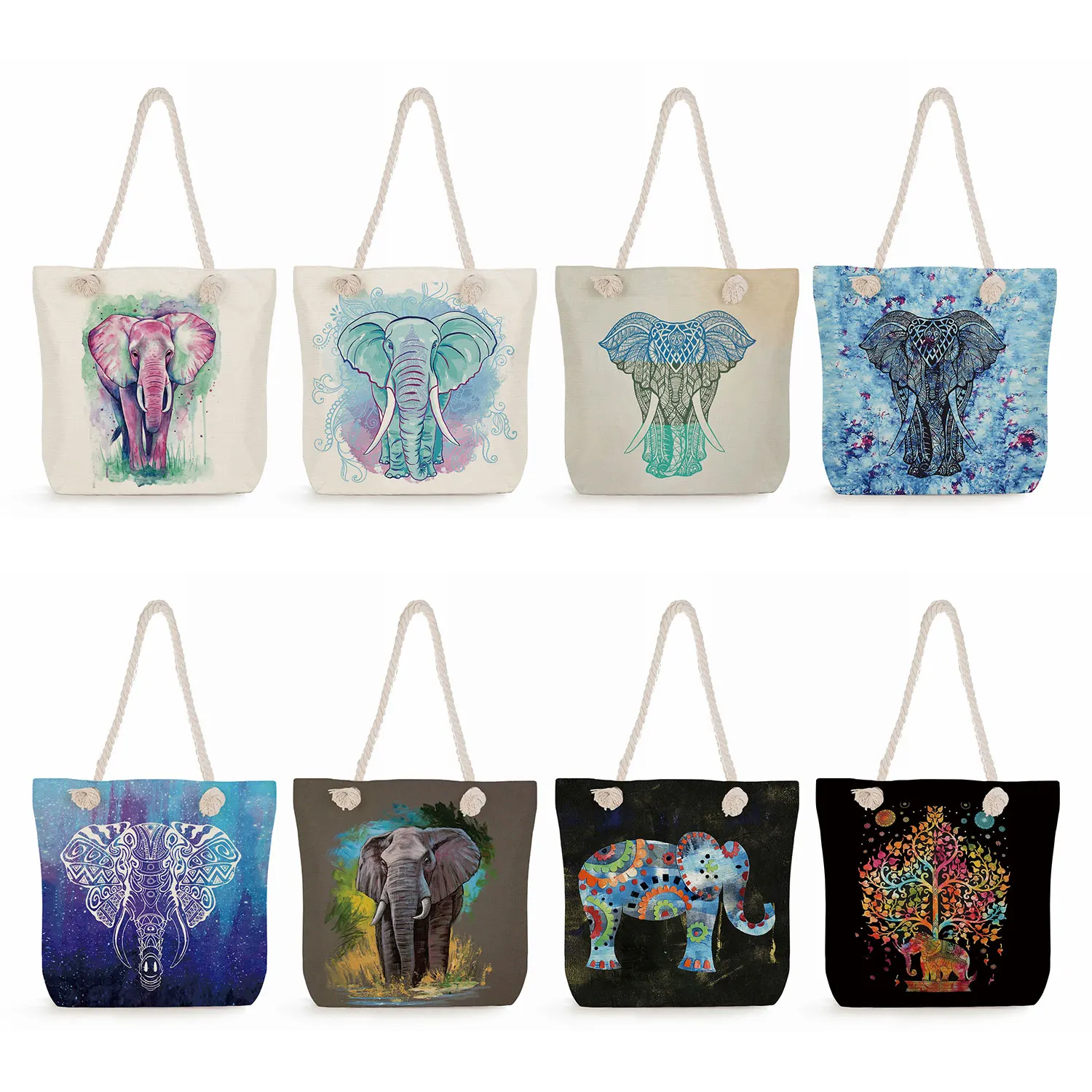 Elephant Tote Bags Casual Classic High Capacity Traveling Beach Bags Animal Printing Handbags For Women Thick Rope Shopping Bags