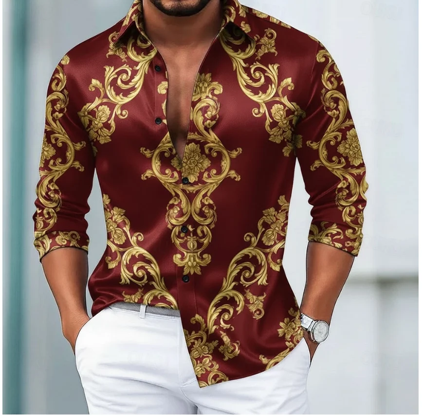 Kemeja satin pria motif bunga barok retro untuk liburan, pemakaian sehari-hari, musim semi, musim panas, musim gugur, kerah lapel, kemeja kancing cetak 3D