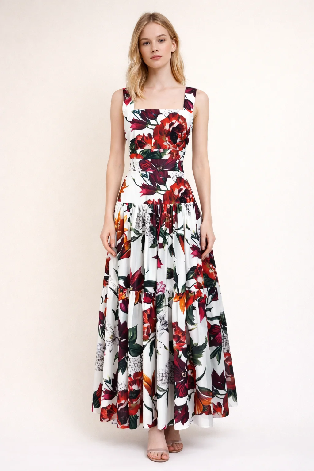 

Beach Vacation Suit Spaghetti Strap Women's Elegant Backless Short Top+Pleated Splicing Skirt 2-piece set Print Cotton