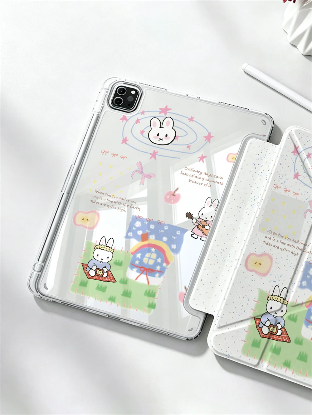 Kawaii Miffy Cottage Picnic Sticker Print Crystal Clear Y-fold Double-sided Print Case For iPad Pro 11 Air4 Air5 10 Gen With Pen