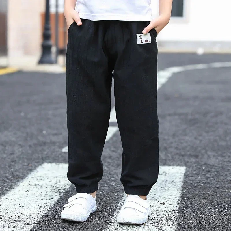 FJFOR-Pantalon long en coton et lin pour garçon et fille, vêtement d'été anti-moustique, taille élastique, 100-160cm