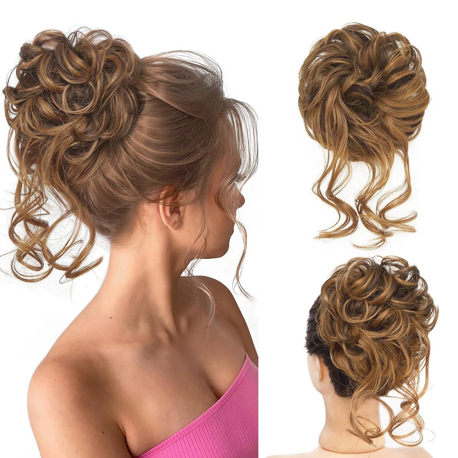 

Непоследовательный, объемный узелок для волос, с волнистыми локонами, которые образуют резинку для волос, и эластичная повязка на голову для женщин.